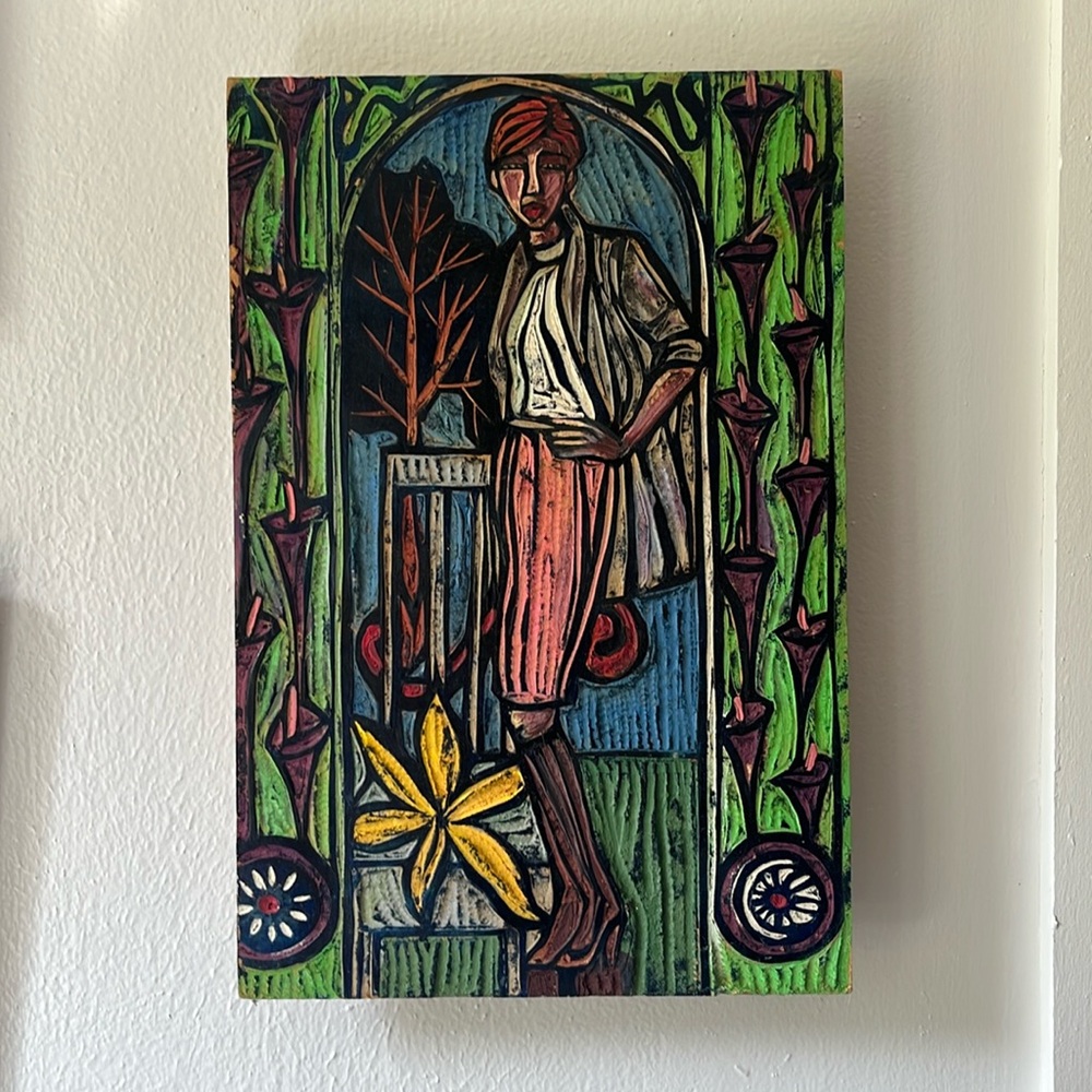 Original art carved painted woodcarving of a fashion forward woman